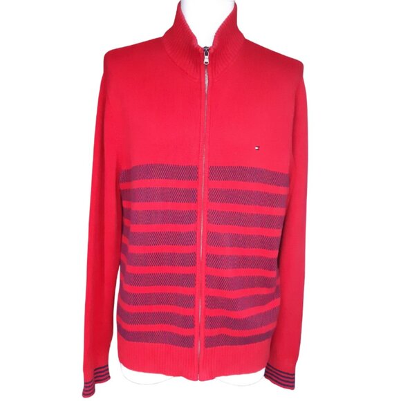 Tommy Hilfiger SZ L Red Full Zip Cotton Mock Turtleneck Cardigan w/ Navy Stripes - Picture 5 of 16